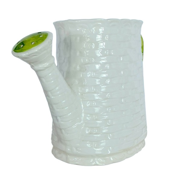 Vintage Basket Weave Ceramic Watering Can Planter Numbered Multi Use White Green - Picture 7 of 16